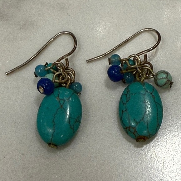 Turquoise Beaded Dangle Earrings Silver Tone Cabochon Boho Jewelry - Picture 2 of 2